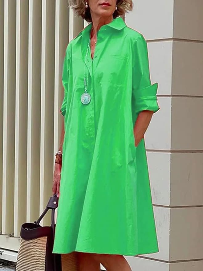Womens 2025 Long Sleeve Button Down Shirt Summer Dress Casual V Neck Loose Fit Midi Shirt Dresses with Pockets