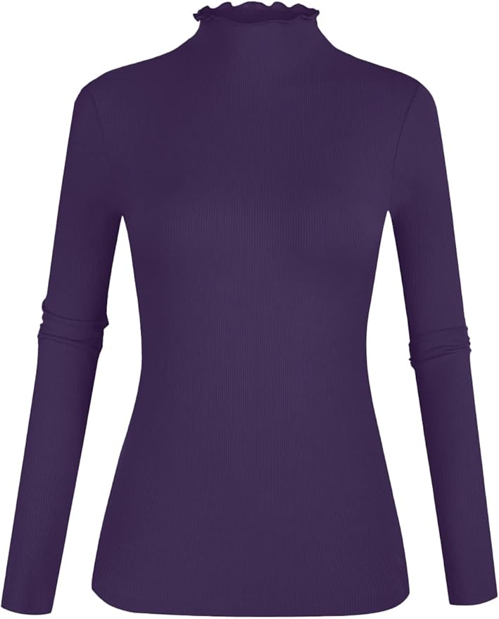 POPZONE Women's Lettuce Trim Mock Neck Long Sleeve Slim Fit Ribbed Knit Tee Shirt Tops