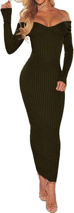 SheKiss Women's Off Shoulder Long Sleeves Bodycon Sweater Dress Sexy Knit Slim Cardigans