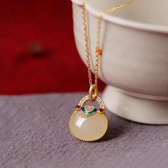 AMINKINA 14K Gold Real Natural Jade Enamel Fortune Bag Necklace, Unique Vintage Style Jade Pendant, Delicate Jade Jewelry Gift for Wife's Prosperity