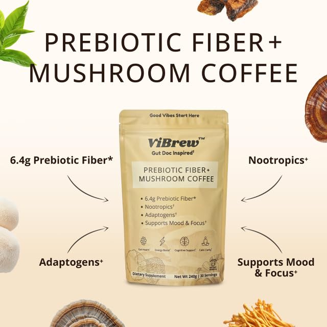 VIBREW Instant Coffee – Low Caffeine Organic Arabica for Focus, Energy, Digestion & Immune Support (240grams)