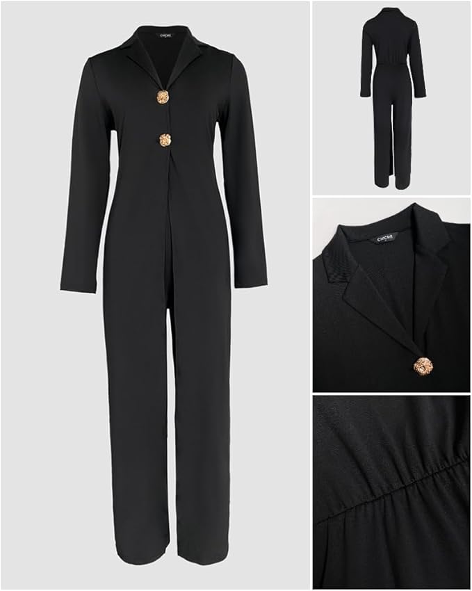CHICME Womens Faux Two Piece Jumpsuits Casual Dressy Long Sleeve V Neck Wide Leg One Piece Outfits