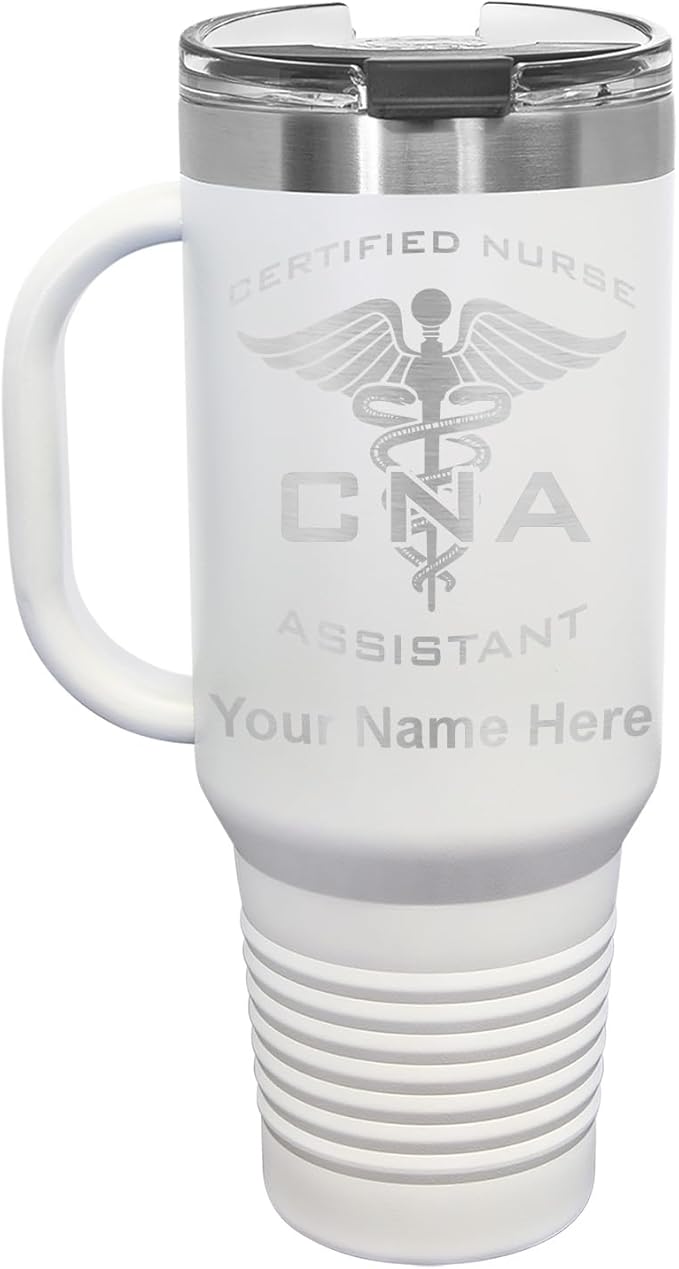 LaserGram 40oz Vacuum Insulated Travel Mug with Handle, CNA Certified Nurse Assistant, Personalized Engraving Included (White)