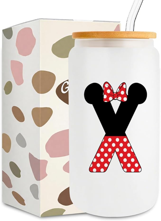 Cute Cartoon Mouse Lover Gifts Initial A-Z Personalized Iced Coffee Cup Magic Mouse Stuff Wizard Gift 16oz Glass Cup with Lid and Straws Birthday Christmas Gifts for Women Teen Girls (Letter X)