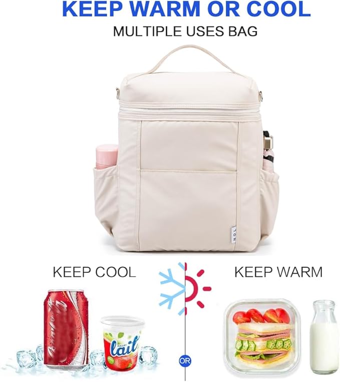 NOL Natural Organic Lifestyle Insulated Lunch Bags for Women Cooler Bag Lightweight Nylon Waterproof Lunch Box For Work (Cream, Large)