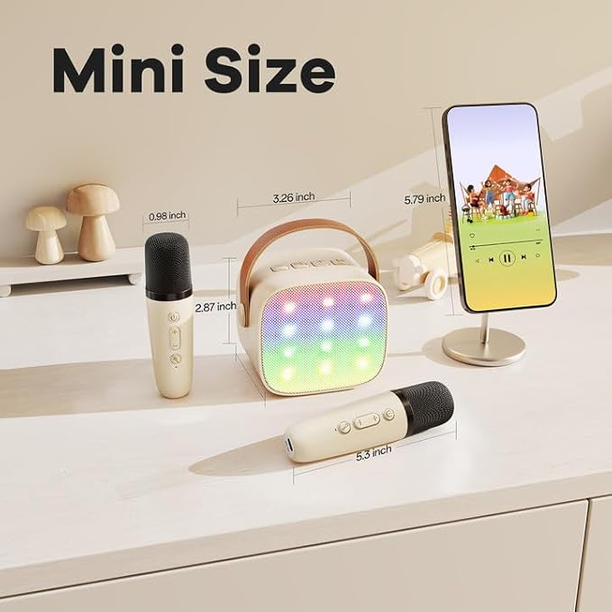 YLL Mini Karaoke Machine with 2 Wireless Microphones for Kids Adults, Portable Bluetooth Speaker Gift for Girls Toys 4, 5, 6, 7, 8, 10, 12+ Years Old Teens Birthday(Beige)