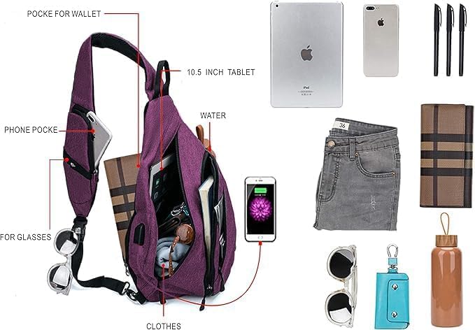 TurnWay Water-Proof Sling bag/Crossbody Backpack/Shoulder Bag with USB Charging Port for Travel, Hiking, Cycling, Camping