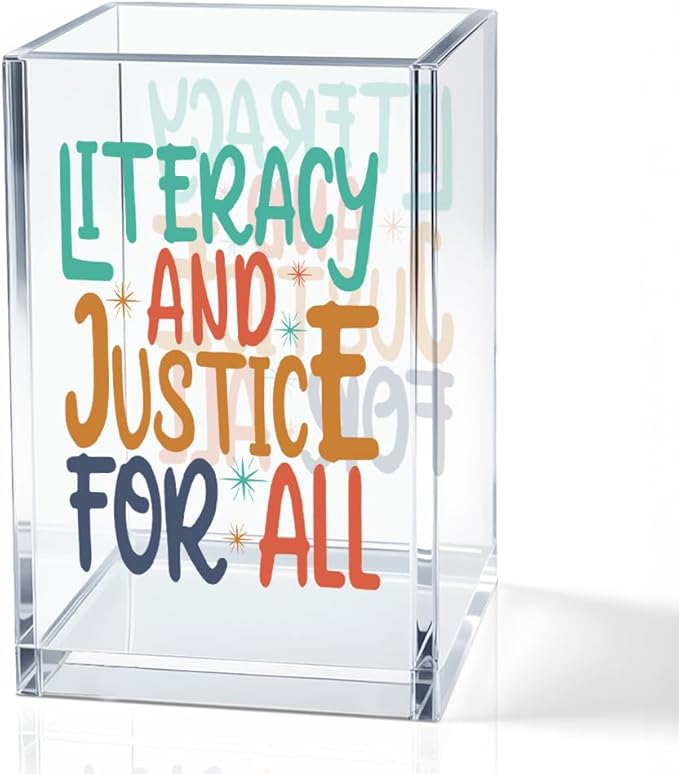 Literacy And Justice For All Acrylic Makeup Brush Pencil Holder Cup, Social Justice Gifts for Women Sister Friend Coworker, Stop Book Banning Protect Librarian, Pen Holder for Desk Accessories