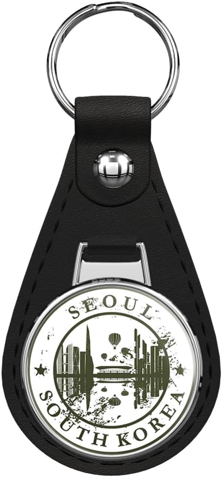 Glover Trading Seoul South Korea Grunge Rubber Travel Stamp Black Leather Key Chain Keychain Silver Ring