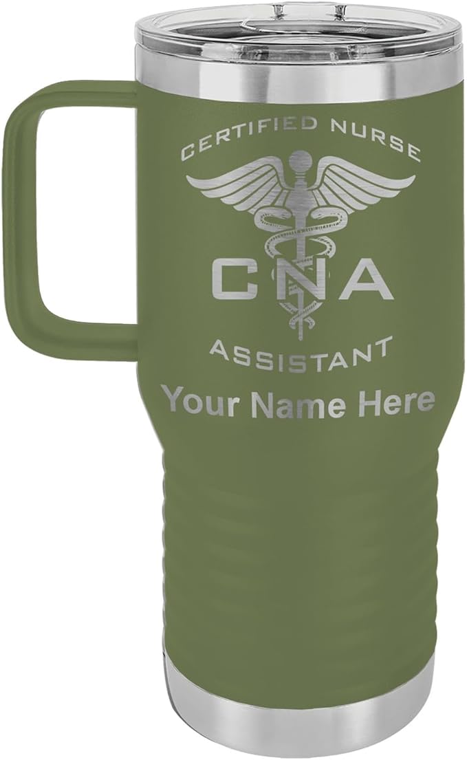 LaserGram 20oz Vacuum Insulated Travel Mug with Handle, CNA Certified Nurse Assistant, Personalized Engraving Included (Camo Green)