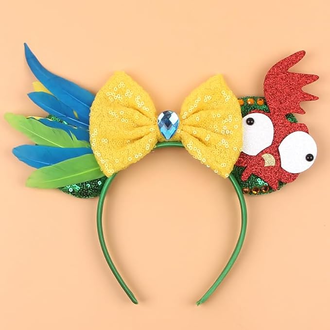 WW-WONDERFULWORLD Mouse Ears Headbands With Funny HeiHei Colorful Feather Decoration & Shiny Sequins Diamond, for Moana Theme Costume Cosplay Glitter Party; HYQY-2