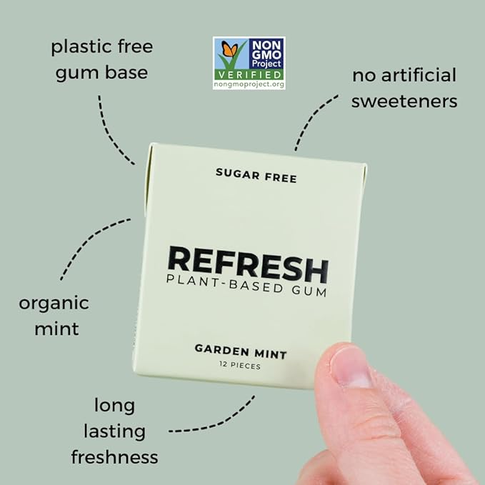 Refresh Gum, Sugar Free, Natural, Xylitol, Long Lasting Chewing Gum, Natural Flavors, Organic Ingredients, Plastic Free, Non GMO, Gluten Free, Vegan (12 Count (Pack of 6), Garden Mint)