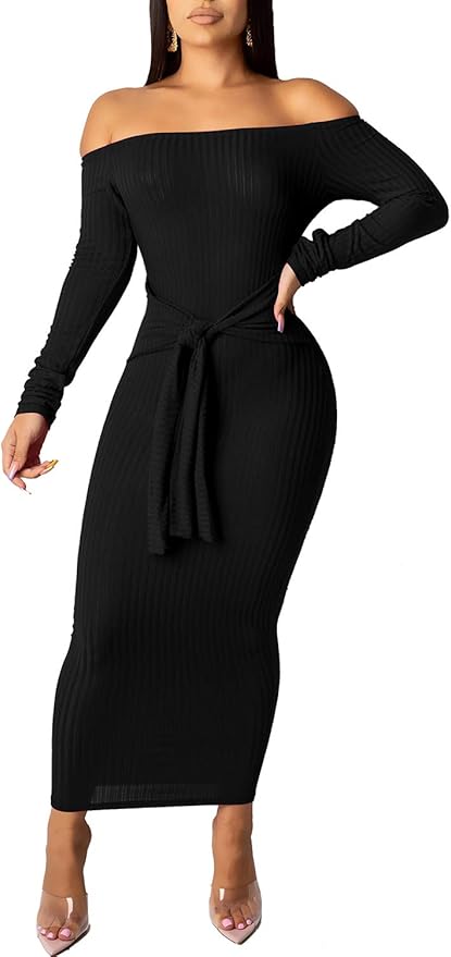 SheKiss Women's Off Shoulder Long Sleeves Bodycon Sweater Dress Sexy Knit Slim Cardigans