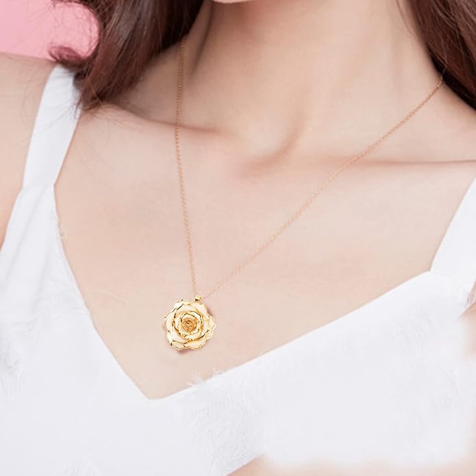 AliveRose Real Rose Gold Dipped Necklace Gifts for Women, 24K Gold Dipped Rose Pendant Necklace Jewelry Mothers Day Anniversaries Birthday Christmas Special Occasions Gifts for Her Mom Wife