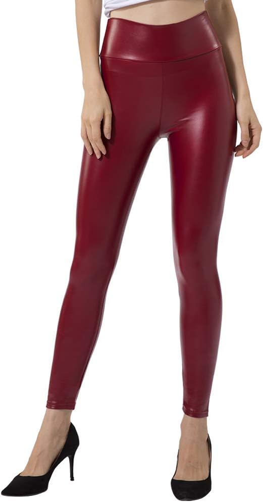 Tagoo Women's Stretchy Faux Leather Leggings Pants, Sexy Red High Waisted Tights