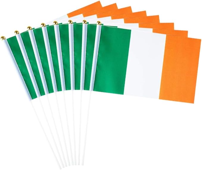20 Pack Small Ireland Flags on Stick Mini Handheld Irish Flag for Parades, Independence Day and Patriotic Events 5x8 Inch Durable Weather-Resistant Flags with 12 Inch Sticks(Ireland)
