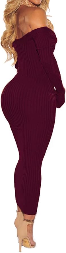 SheKiss Women's Off Shoulder Long Sleeves Bodycon Sweater Dress Sexy Knit Slim Cardigans