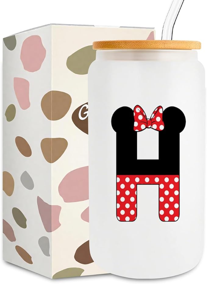 Cute Cartoon Mouse Lover Gifts Initial A-Z Personalized Iced Coffee Cup Magic Mouse Stuff Wizard Gift 16oz Glass Cup with Lid and Straws Birthday Christmas Gifts for Women Teen Girls (Letter H)