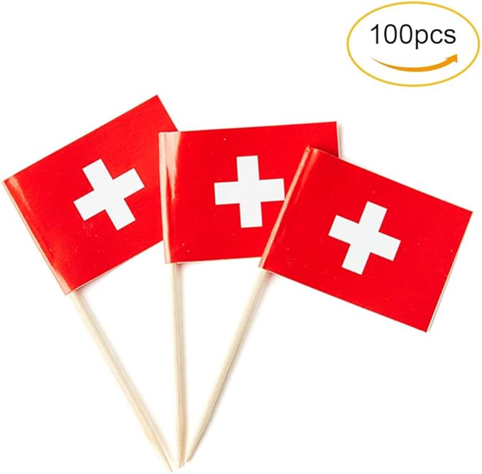 Switzerland Flag Swiss Flag, Small Mini Switzerland Toothpick Flags for Food, Cupcakes, Cocktails, Appetizers, Bar Party Decorations