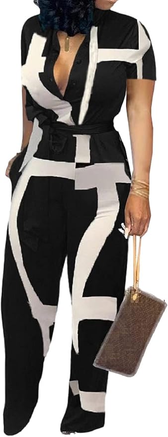 SeNight Women's Jumpsuits Elegant Business Casual Button Down V Neck Long Sleeve Strap Straight Long Pants With Pockets