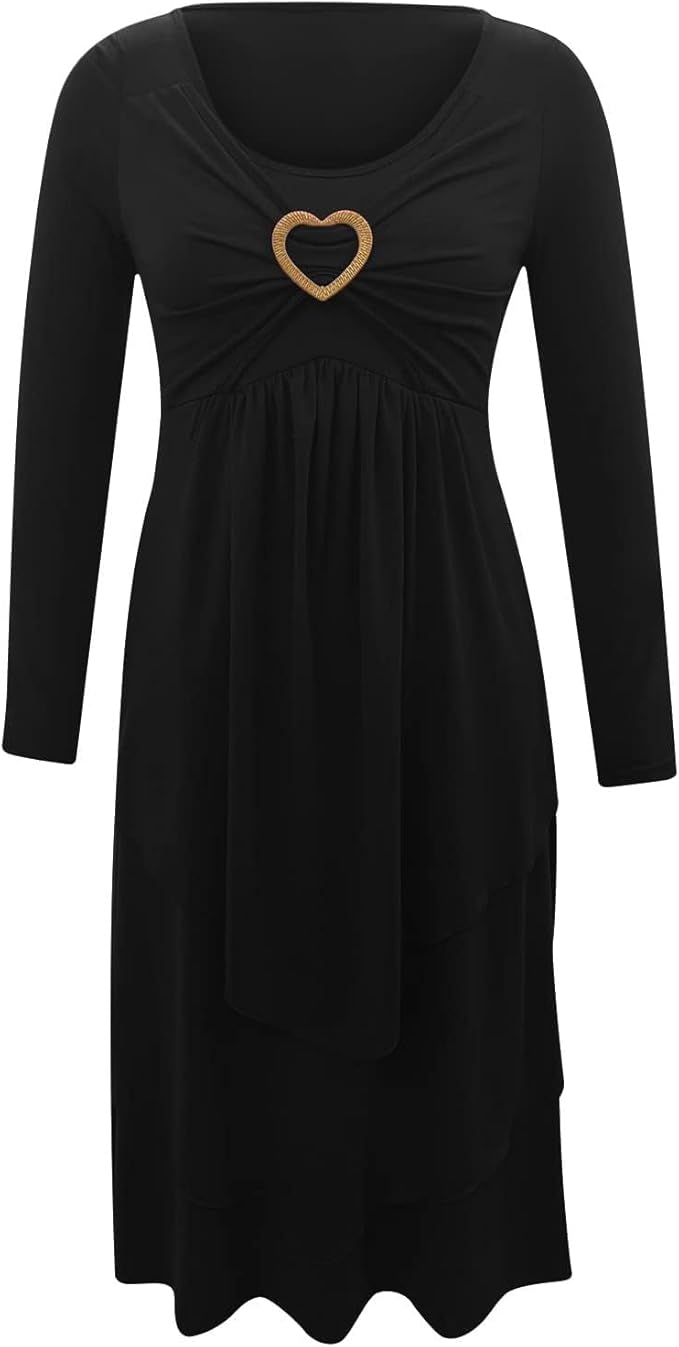 Winter Dresses for Women Wedding Guests Casual Cute Heart Long Sleeve Tiered Maxi Dress with Pockets Plus Size