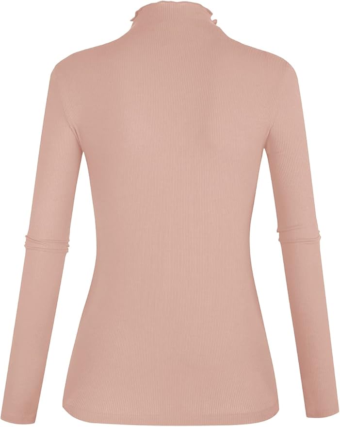 POPZONE Women's Lettuce Trim Mock Neck Long Sleeve Slim Fit Ribbed Knit Tee Shirt Tops