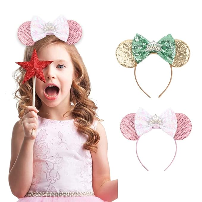 Foeran Mouse Ears Headbands Shiny Bows Mouse Ears Glitter Party Princess Decoration Cosplay Costume for Girls Women (pearl crown gold)