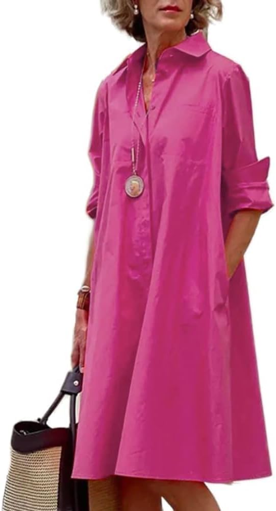 Womens 2025 Long Sleeve Button Down Shirt Summer Dress Casual V Neck Loose Fit Midi Shirt Dresses with Pockets