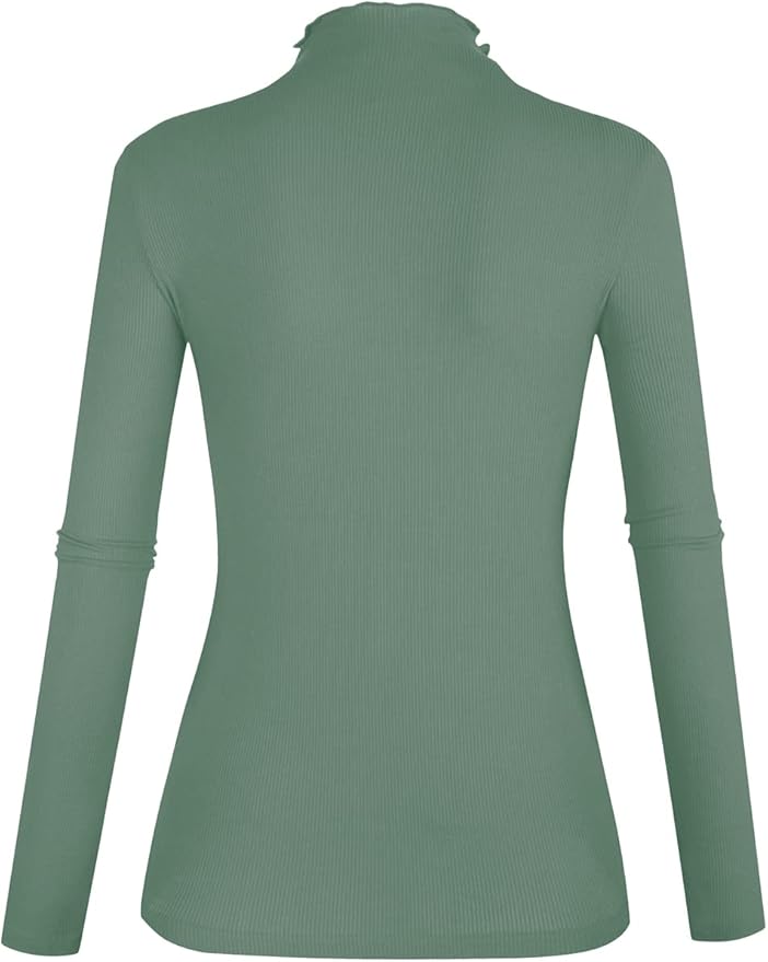 POPZONE Women's Lettuce Trim Mock Neck Long Sleeve Slim Fit Ribbed Knit Tee Shirt Tops