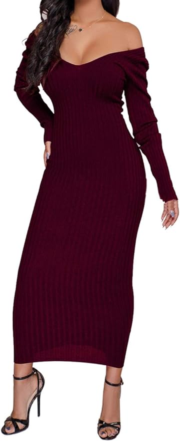 SheKiss Women's Off Shoulder Long Sleeves Bodycon Sweater Dress Sexy Knit Slim Cardigans