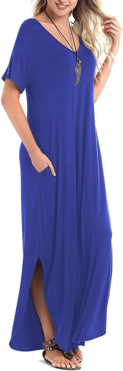 Arolina Women's Summer Maxi Dress Short Sleeve V Neck Casual Loose Long Beach Split Dresses with Pockets