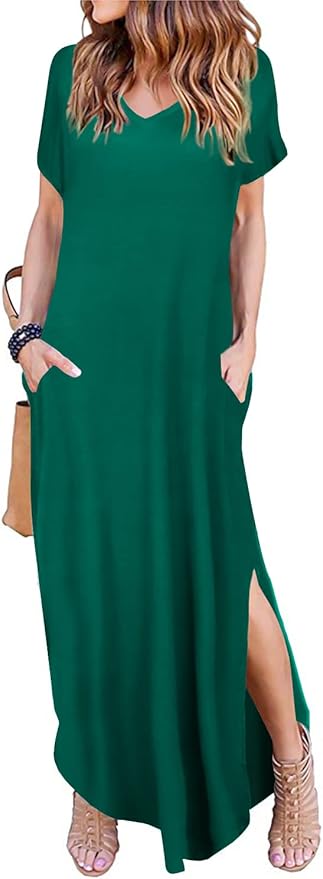 Arolina Women's Summer Maxi Dress Short Sleeve V Neck Casual Loose Long Beach Split Dresses with Pockets