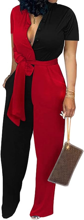 SeNight Women's Jumpsuits Elegant Business Casual Button Down V Neck Long Sleeve Strap Straight Long Pants With Pockets
