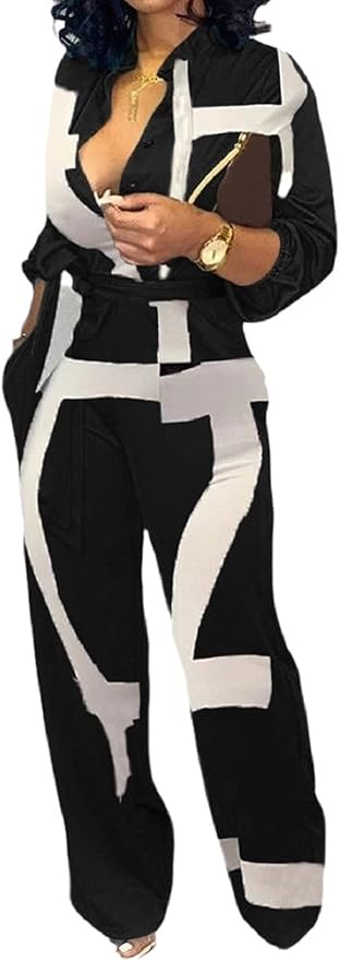 SeNight Women's Jumpsuits Elegant Business Casual Button Down V Neck Long Sleeve Strap Straight Long Pants With Pockets