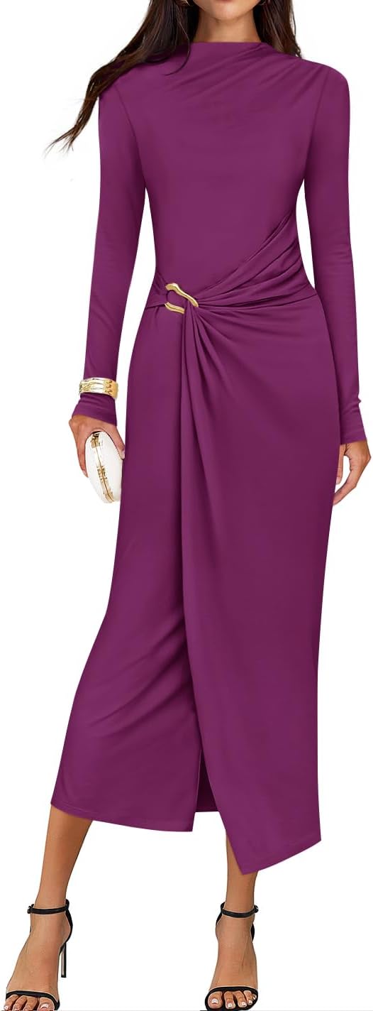ZESICA Women's 2026 Spring Long Sleeve Bodycon Dress Mock Neck Wedding Guest Cocktail Party Long Midi Dresses