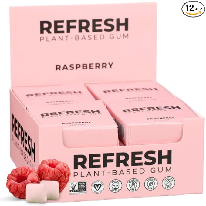 Refresh Gum, Sugar Free, Natural, Xylitol, Long Lasting Chewing Gum, Natural Flavors, Organic Ingredients, Plastic Free, Non GMO, Gluten Free, Vegan (12 Count (Pack of 12), Raspberry)