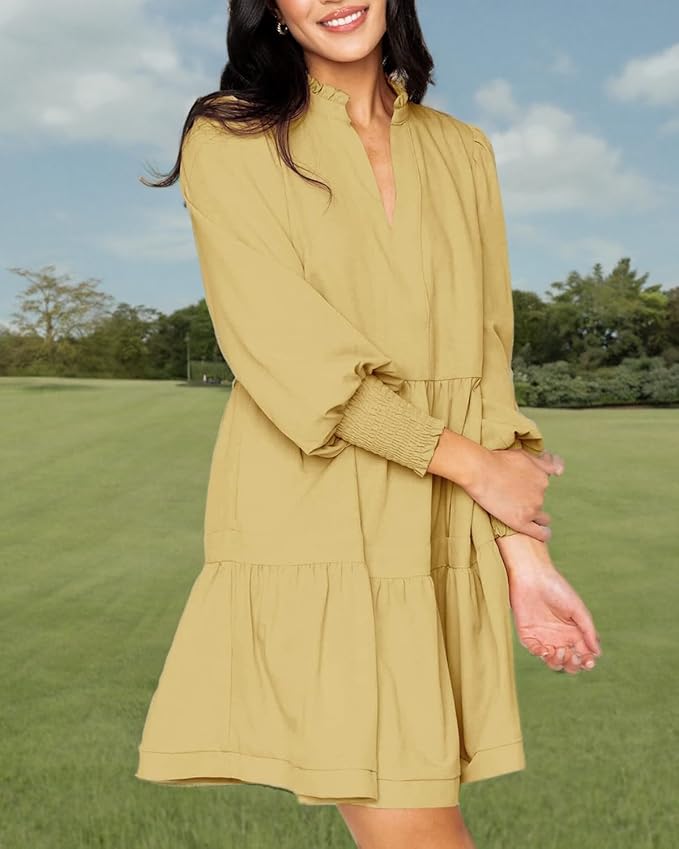 Imily Bela Womens Fall Long Sleeve Tunic Dress Casual V Neck Loose Ruffle Tiered Dress