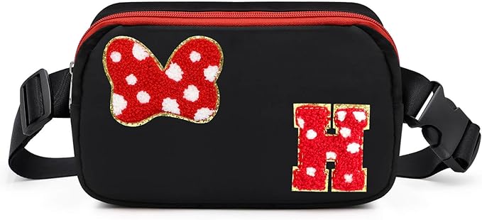 Chenille Initial Letter Bow Mouse Fanny Pack, Waterproof Park Crossbody Bag Christmas Birthday Gifts for Teen Girls Daughter Women Kids Adults, Cute Belt Bag Must Haves for Park Travel (H, Black)
