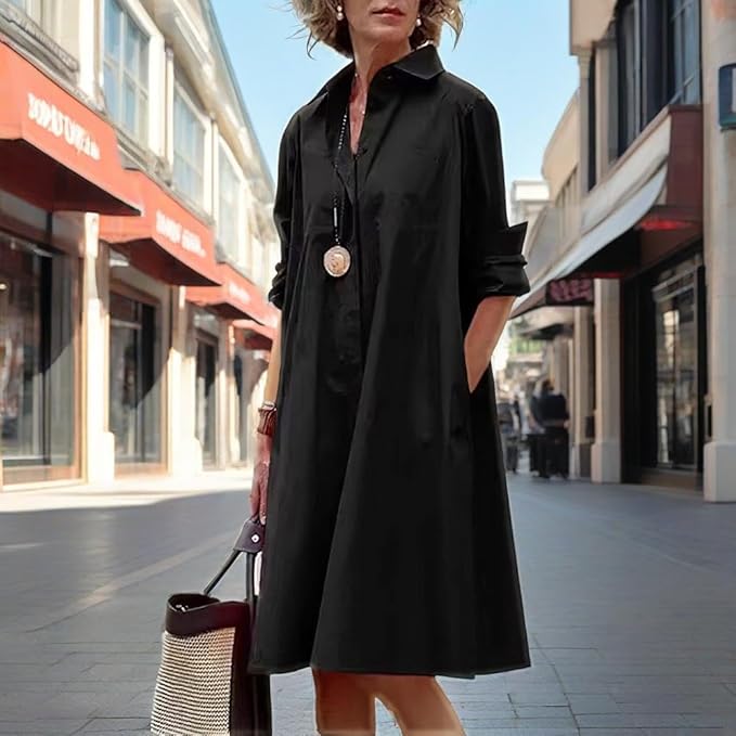 Womens 2025 Long Sleeve Button Down Shirt Summer Dress Casual V Neck Loose Fit Midi Shirt Dresses with Pockets