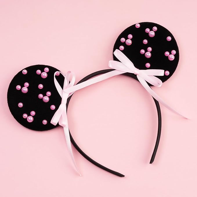bianbaistar Black Velvet Mouse Ears Headband, Pink Pearl Accents for Theme Park Visit & Parties