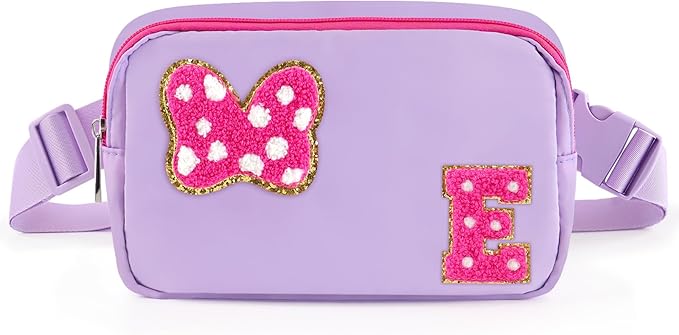 Chenille Initial Letter Bow Mouse Fanny Pack, Waterproof Park Crossbody Bag Christmas Birthday Gifts for Teen Girls Daughter Women Kids Adults, Cute Belt Bag Must Haves for Park Travel (E, Purple)