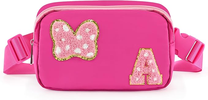Chenille Initial Letter Bow Mouse Fanny Pack, Waterproof Park Crossbody Bag Christmas Birthday Gifts for Teen Girls Daughter Women Kids Adults, Cute Belt Bag Must Haves for Park Travel (A, Rose Red)