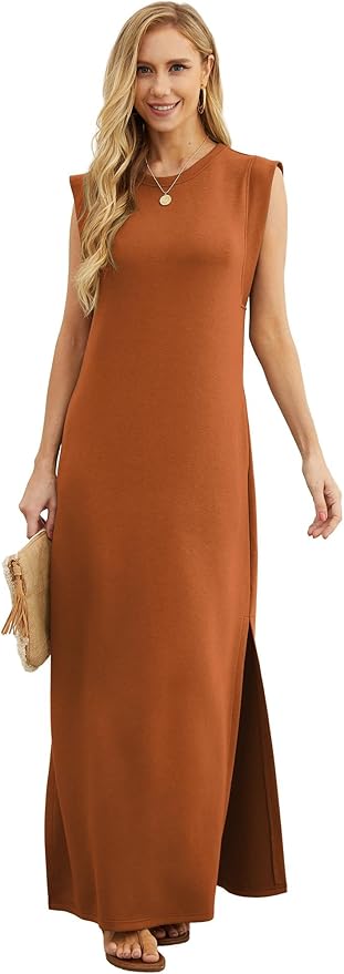 GRECERELLE 2026 Women Year-Round Casual Round Neck Loose Split Wrinkle-Free Long Maxi Vacation Dress with Pockets (XXS-4XL)
