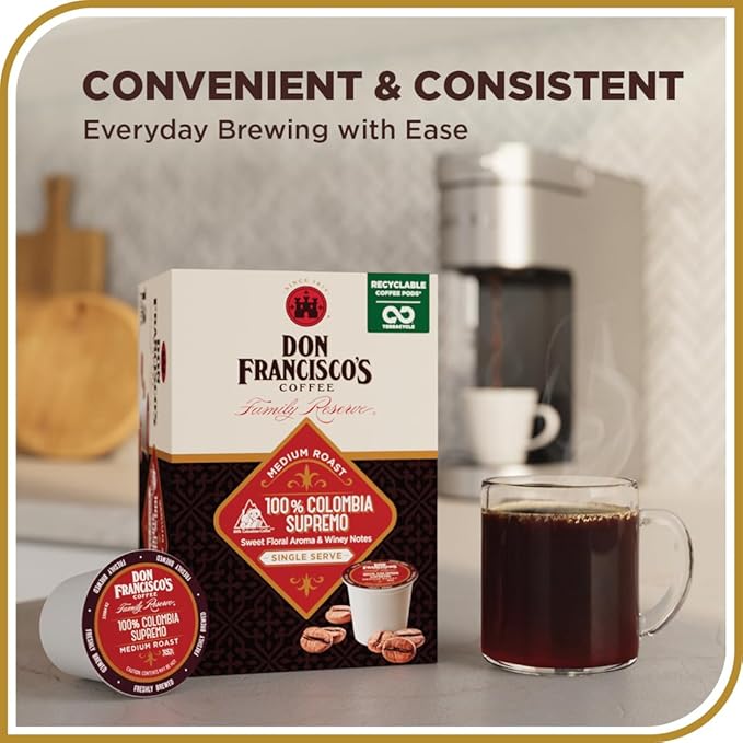 Don Francisco's 100% Colombia Coffee - 55 K-Cup Compatible Single-Serve Pods - 100% Arabica - Recyclable through TerraCycle - Floral Aroma with Winey Notes - Compatible with Keurig Brewers
