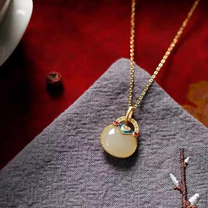 AMINKINA 14K Gold Real Natural Jade Enamel Fortune Bag Necklace, Unique Vintage Style Jade Pendant, Delicate Jade Jewelry Gift for Wife's Prosperity