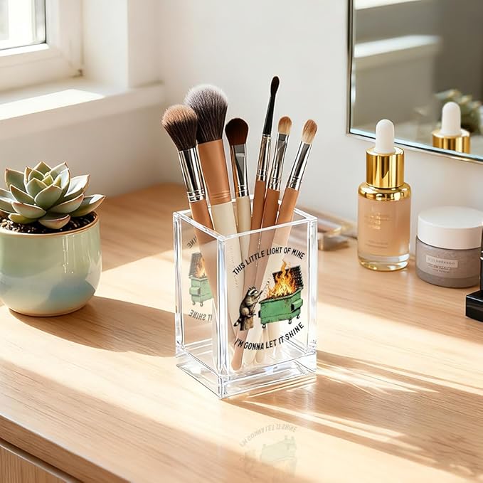 This Little Light Of Mine I'm Gonna Let It Shine Acrylic Cosmetic Pencil Holder Cup, Funny Raccoon Dumpster Fire Pen Holder Gifts For Women Men Friends HR Doctor, Office Gifts for Coworkers
