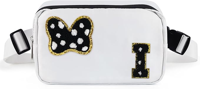 Chenille Initial Letter Bow Mouse Fanny Pack, Waterproof Park Crossbody Bag Christmas Birthday Gifts for Teen Girls Daughter Women Kids Adults, Cute Belt Bag Must Haves for Park Travel (I, White)