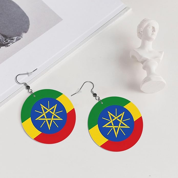Round Faux Leather Earrings for Women Lightweight Double-Side Printed Drop Dangle Earring for Festival Party Gift
