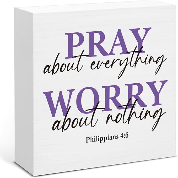 Purple Desk Decor, Christian Gifts for Women Friends, Pray About Everything Worry About Nothing Wood Sign for Home Office Prayer Room Decor