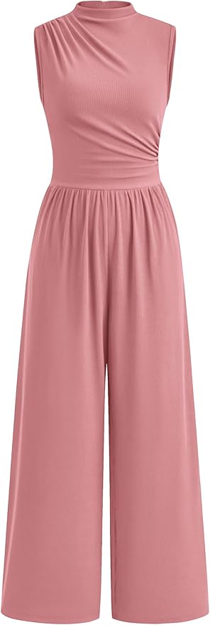 PRETTYGARDEN Womens Summer Jumpsuits Dressy Casual One Piece Outfits Sleeveless Mock Neck Wide Leg Pants Rompers with Pockets